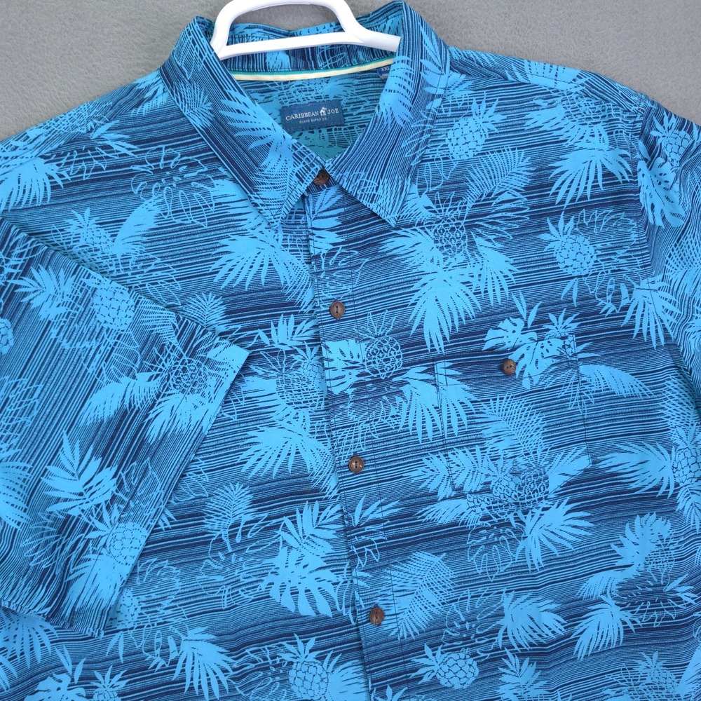Caribbean Joe Shirt Mens XXL Blue Pineapple Palm Tropical Stretch Button Front